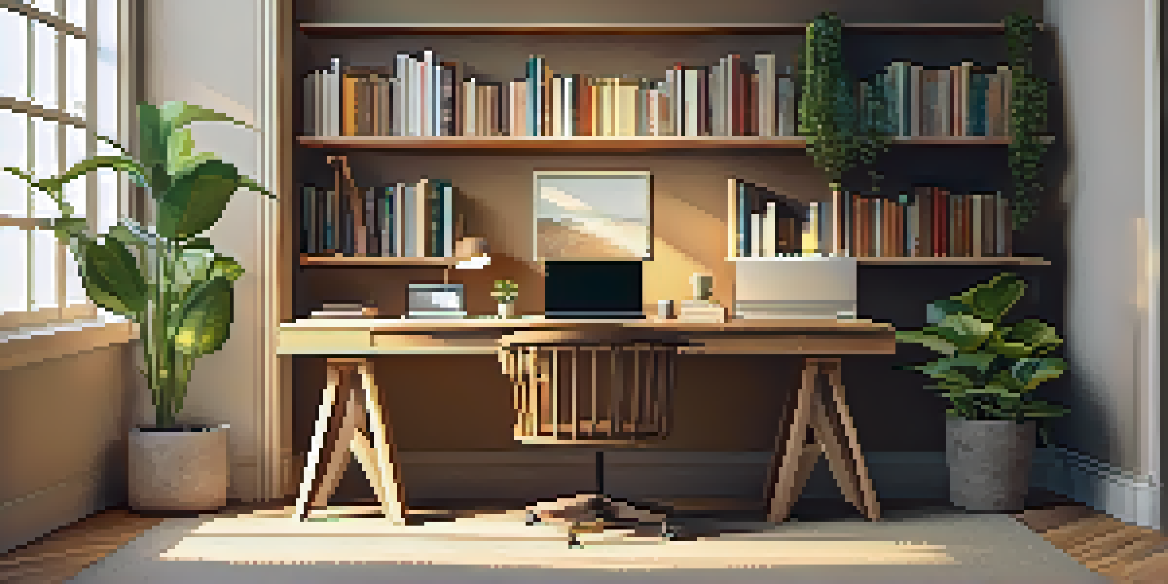 A cozy home office with a wooden desk, laptop, coffee cup, and small plant, bathed in soft natural light.