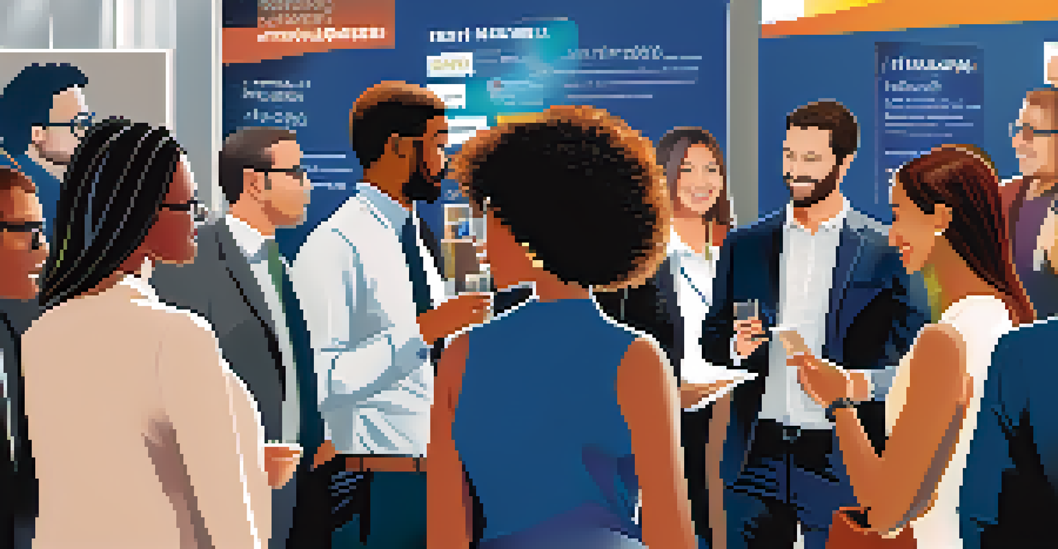 A lively industry networking event with professionals exchanging ideas and business cards.