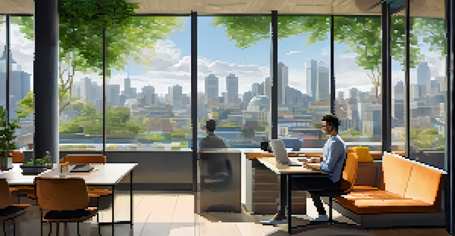 A split image showcasing the contrast between a traditional office in a city and a peaceful outdoor workspace, symbolizing remote work benefits.