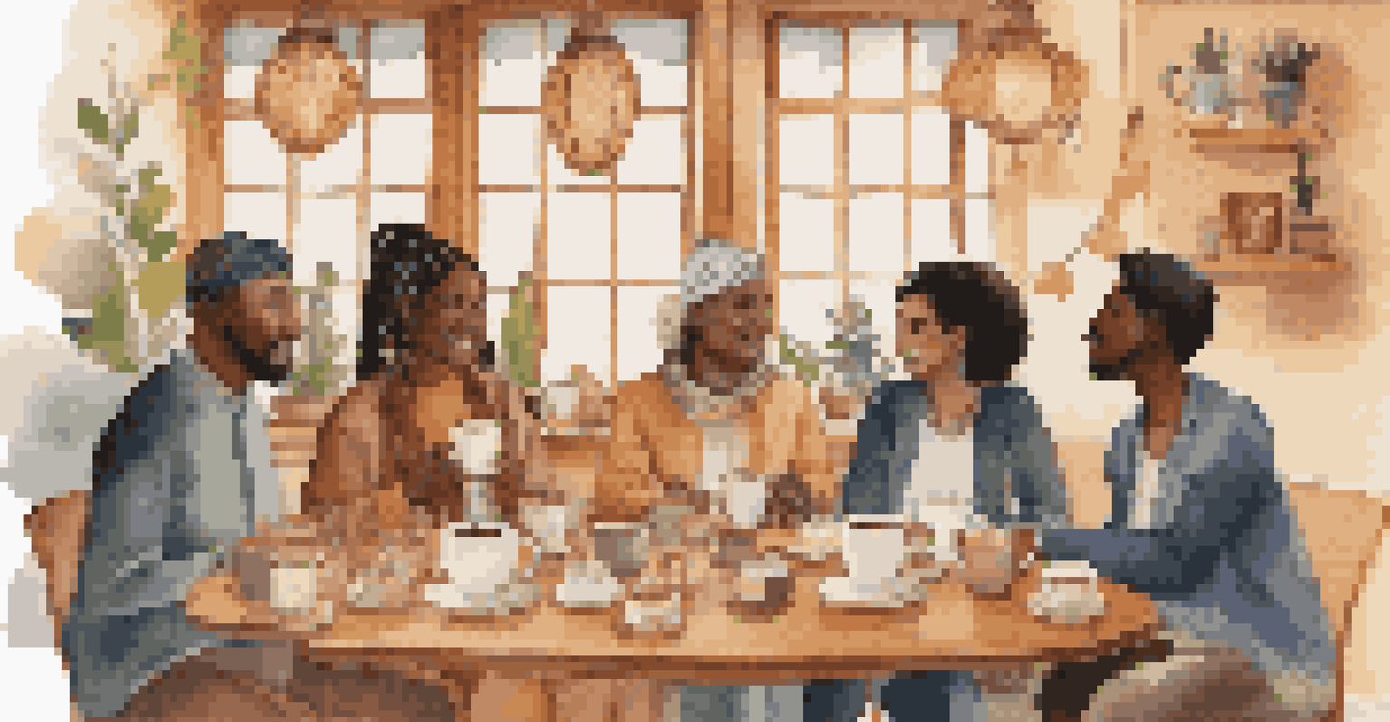 Team members from different cultures enjoying a virtual coffee break, sharing stories in a cozy café setting.