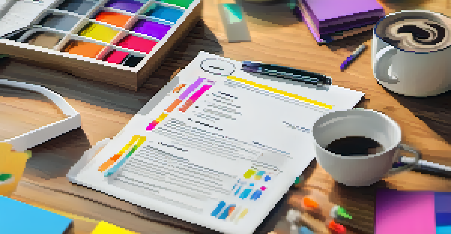 A flat lay of a resume template with colorful stationery and a coffee mug on a wooden table, creating a vibrant work atmosphere.