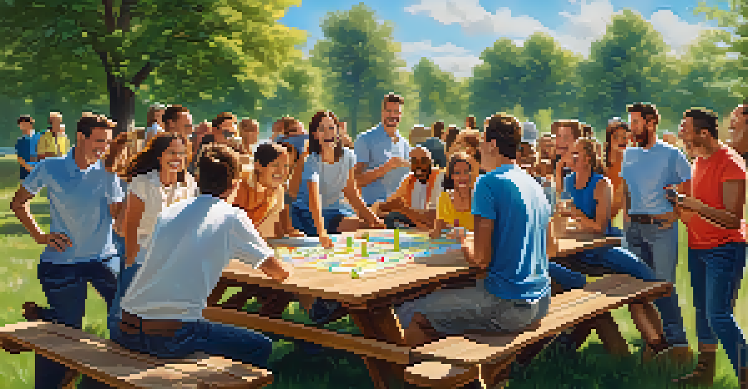 A group of employees enjoying a trivia game outdoors, with picnic tables and a sunny atmosphere, fostering team spirit.