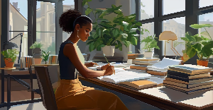 A professional woman at her desk, contemplating career goals with a notepad and laptop.