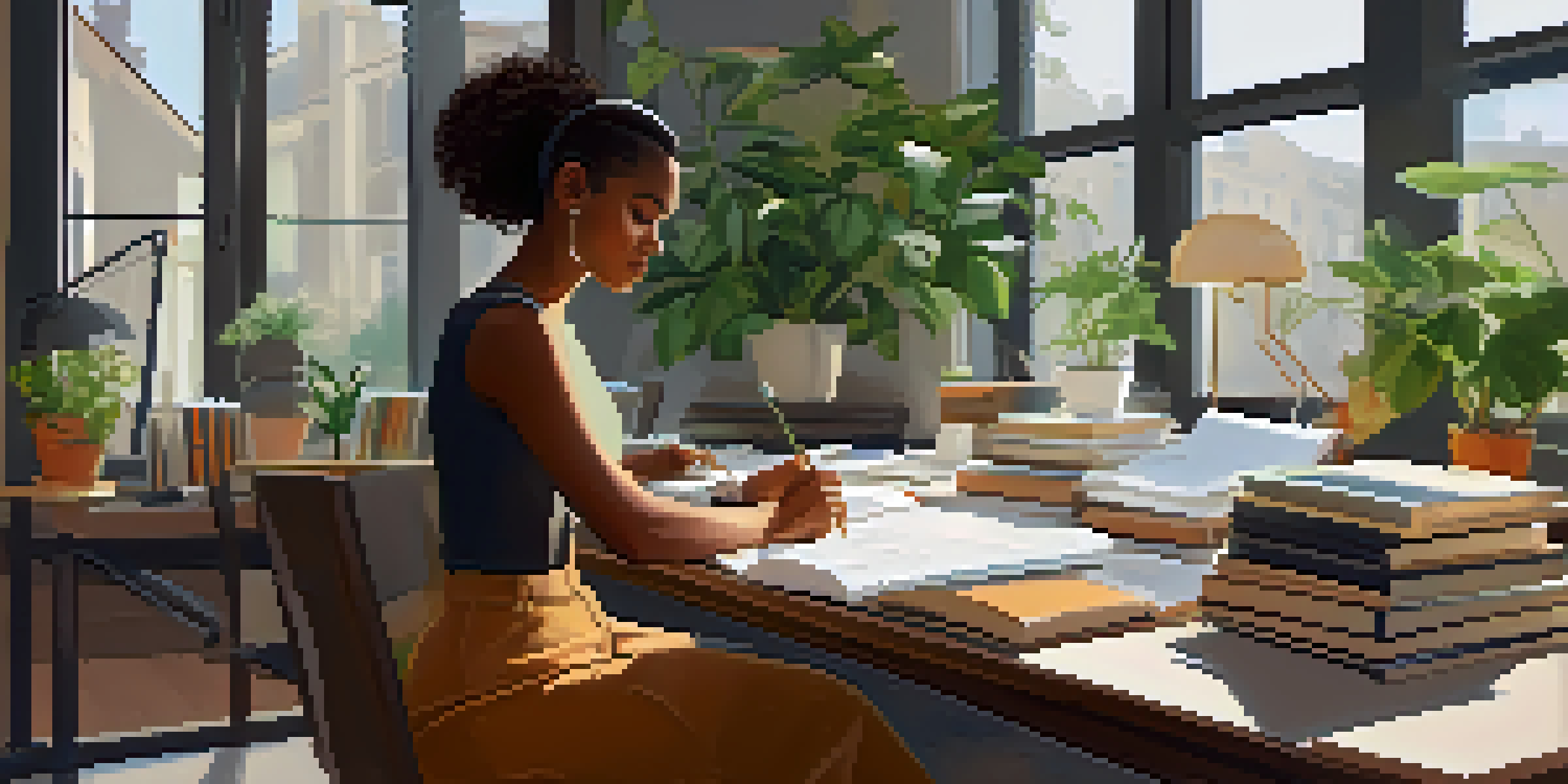 A professional woman at her desk, contemplating career goals with a notepad and laptop.