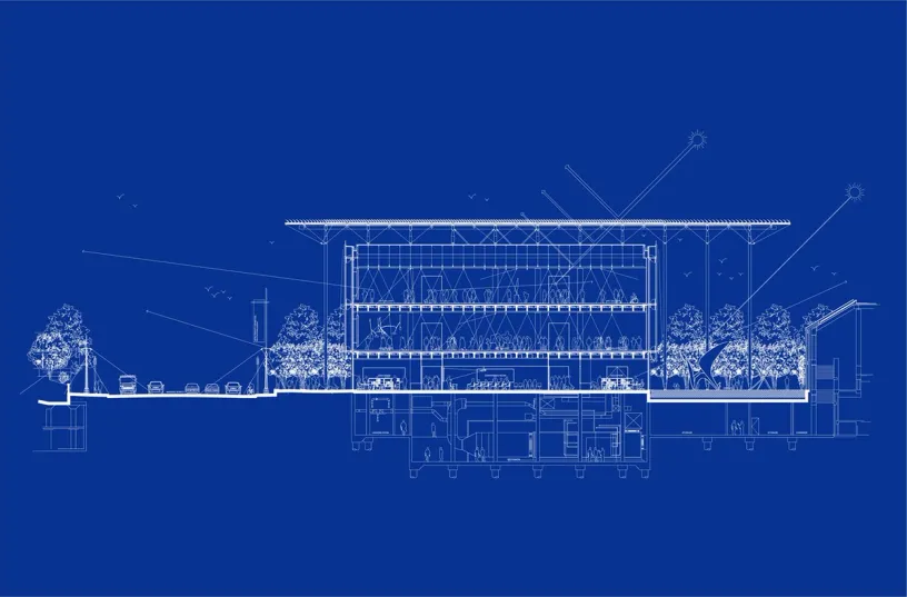 A blueprint of a building with a lot of windows and trees on a blue background