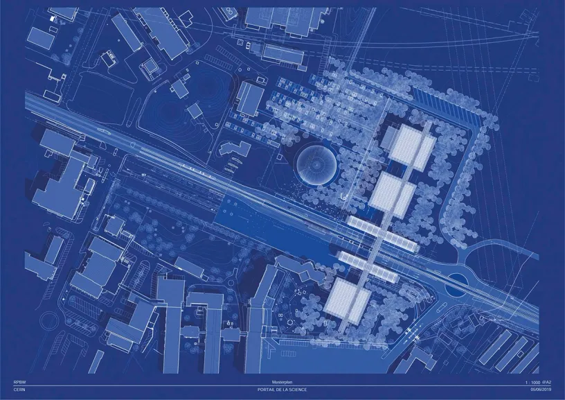 An aerial view of a blueprint of a city with lots of buildings and trees