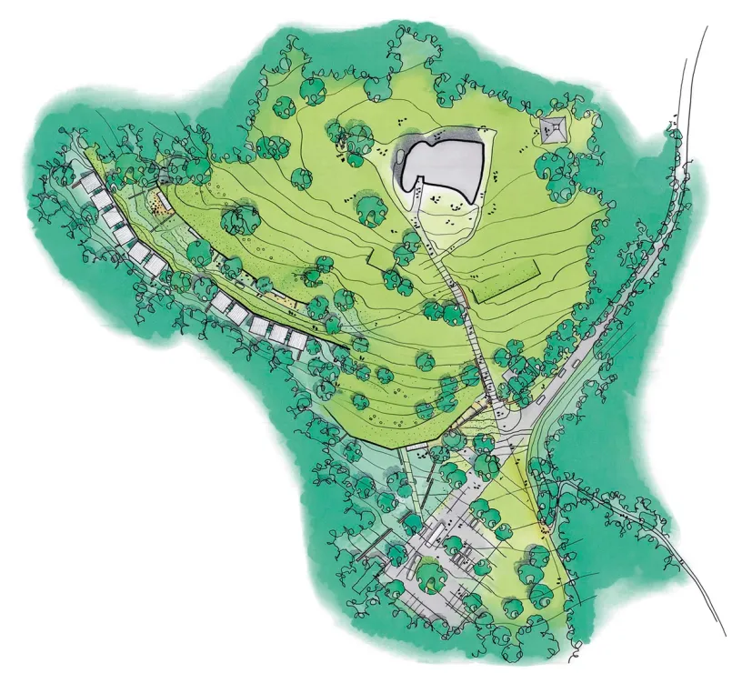 A drawing of a landscape with trees and a building on top of a hill