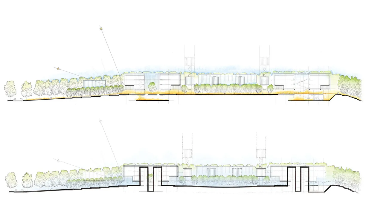 an aerial view of a floor plan of a building surrounded by trees .