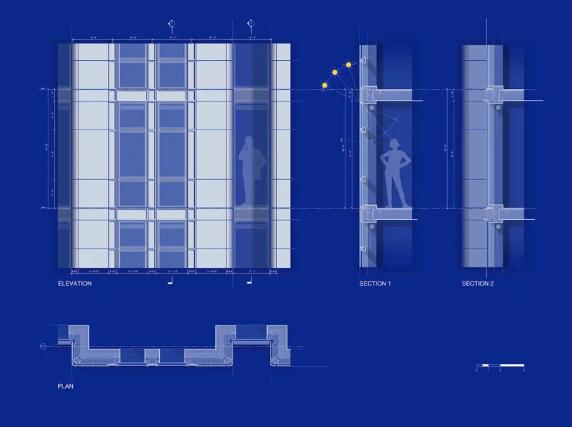 Architectural blueprint showing a building facade in elevation, section, and plan views, with human silhouettes for scale.