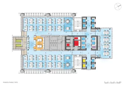 A black and white map of a city with buildings and trees