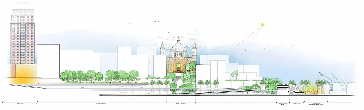 a drawing of a city with a church in the background .