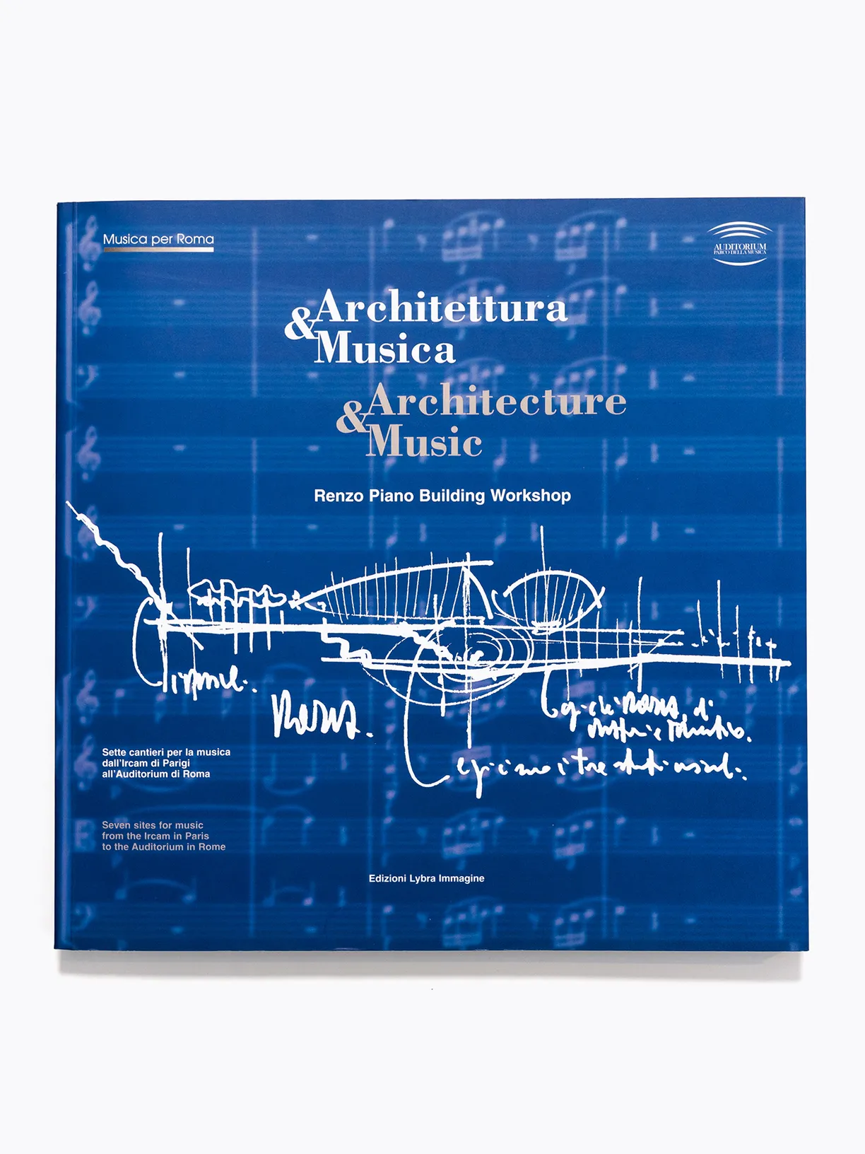 A blue book titled architettura & musica & architecture & music