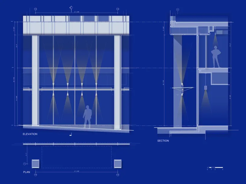 Architectural blueprint showing elevation, section, and plan views of a building's glazed facade with interior lighting design and visible light cones.
