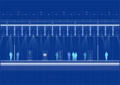 a blueprint of a building with people standing in front of it .