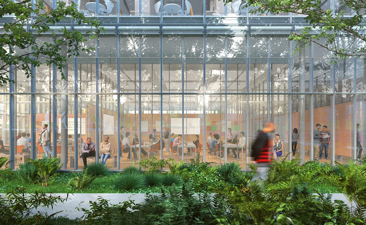 an artist 's impression of a building with a lot of windows and people sitting at tables .