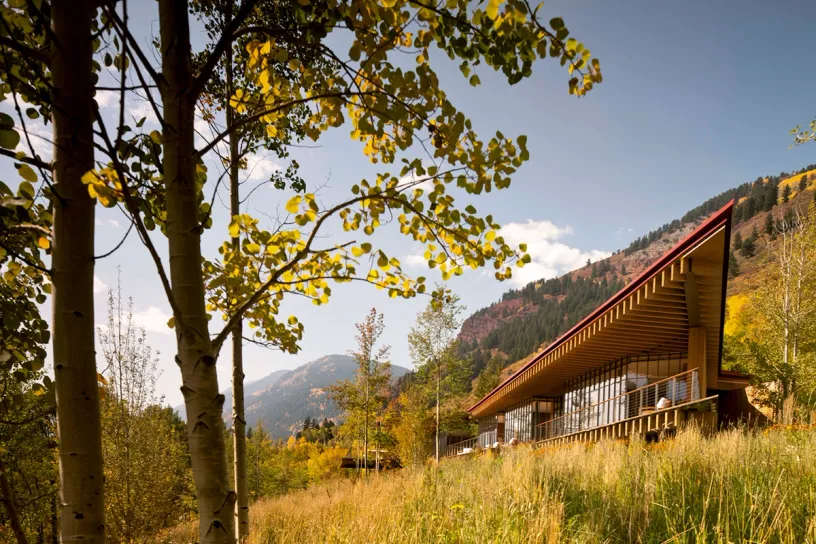 A large house is sitting in the middle of a grassy field surrounded by trees