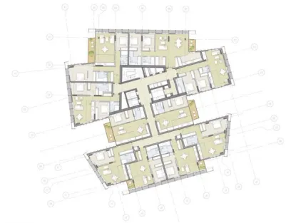 a floor plan of a building with lots of rooms and balconies .
