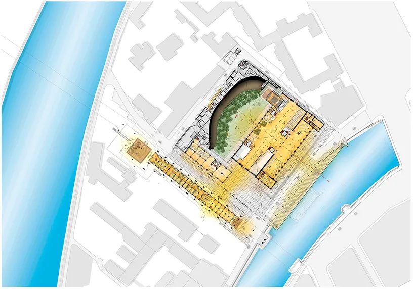 A floor plan of a building with a river in the background