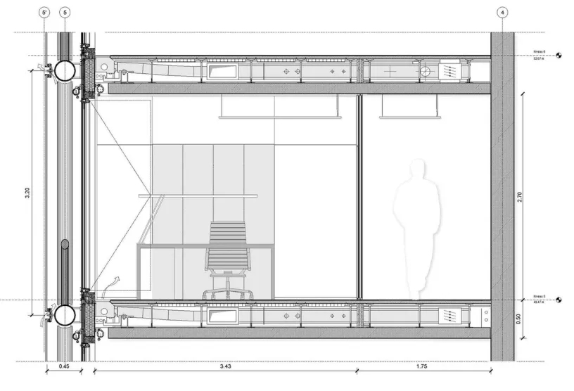 a black and white drawing of a room with a desk and chair .