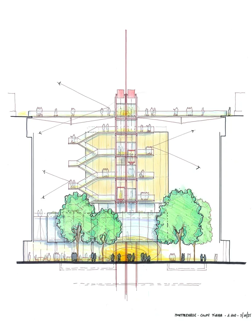 Colored architectural section drawing of a multi-story building featuring a central core, a street-level piazza with trees and people, and an elevated public walkway.
