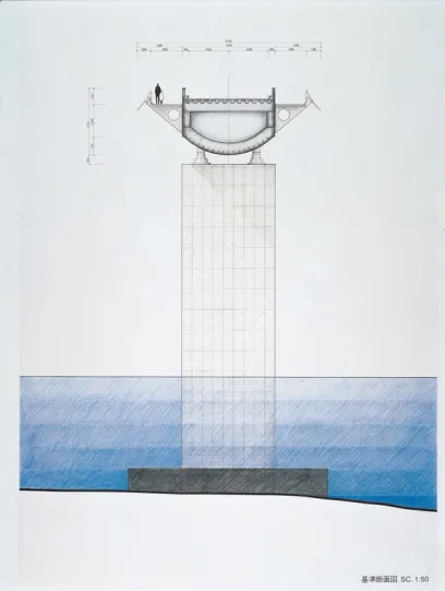 Architectural cross-section drawing of a bridge showing a deck, a supporting pier, and a foundation underwater, with a human figure and dimensions for scale.