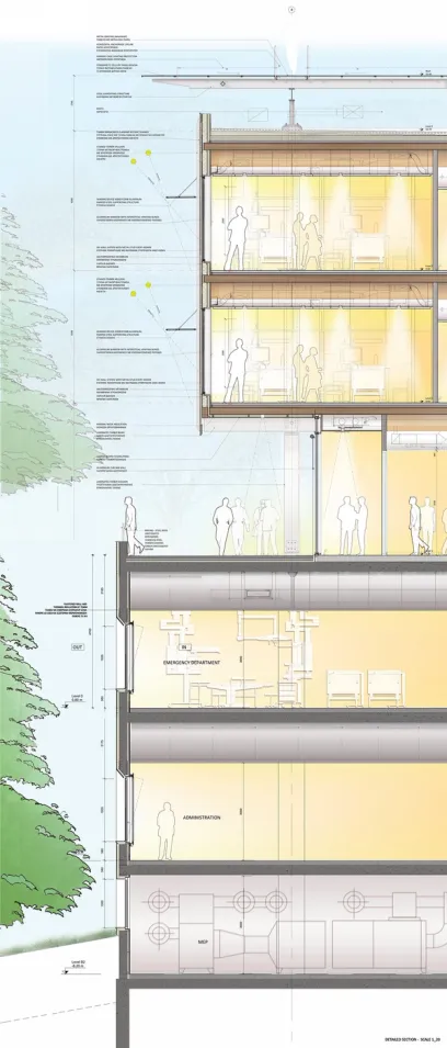 a drawing of a building showing the emergency department