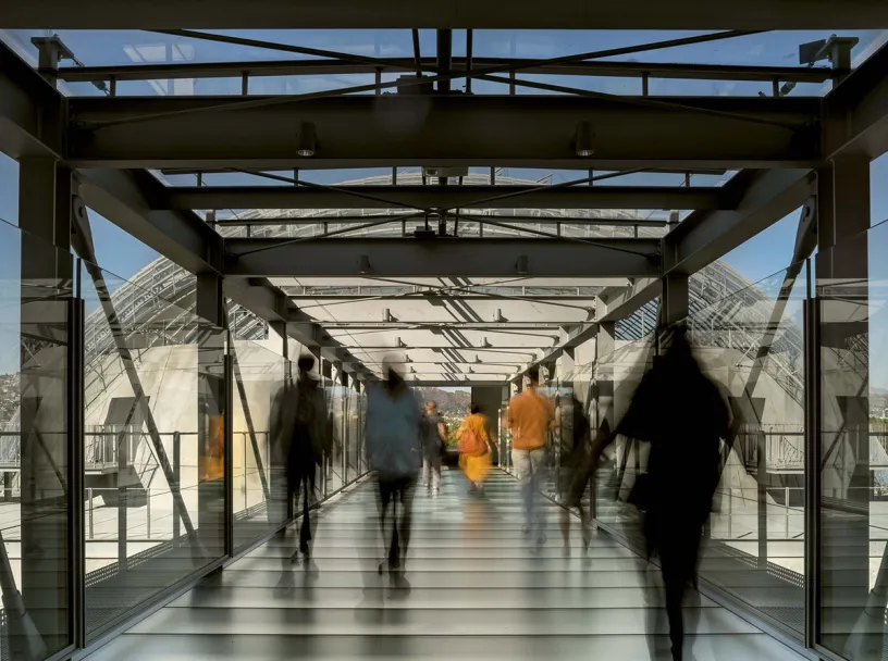 A group of people are walking down a glass walkway
