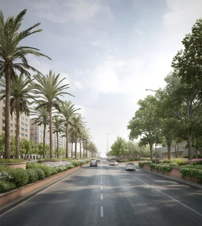 an artist 's impression of a street with palm trees on both sides