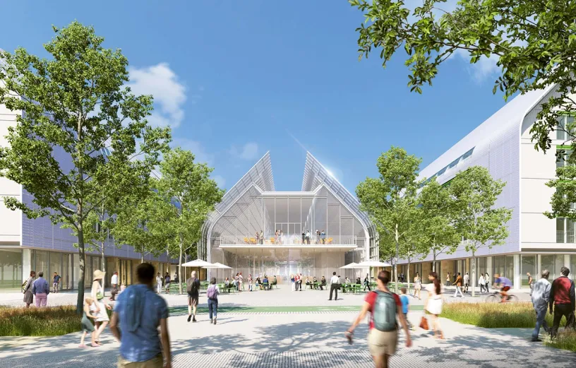 An artist 's impression of a large building with a lot of people walking around it