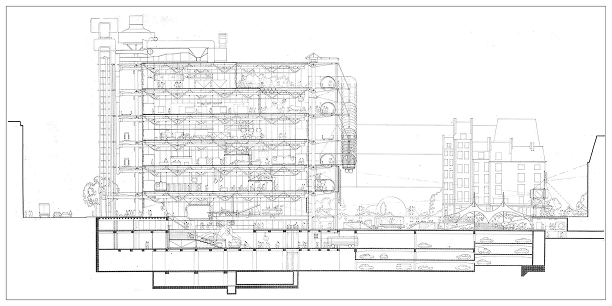 A black and white drawing of a large building