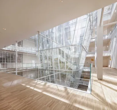 A large building with a lot of windows and stairs