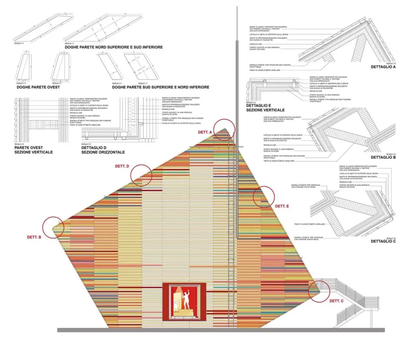 a drawing of a building with a rainbow of colors on it .