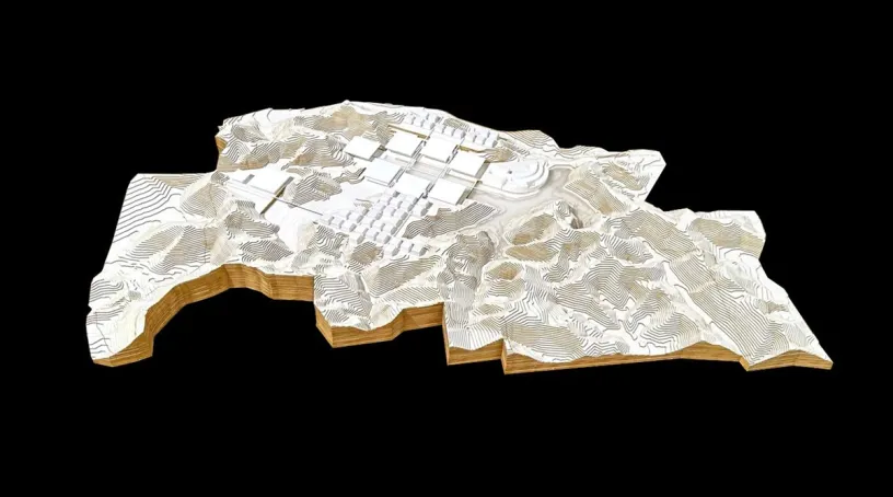 A 3d model of a city on a black background