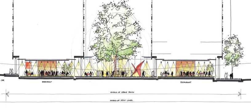 A black and white drawing of a building with a tree in the middle