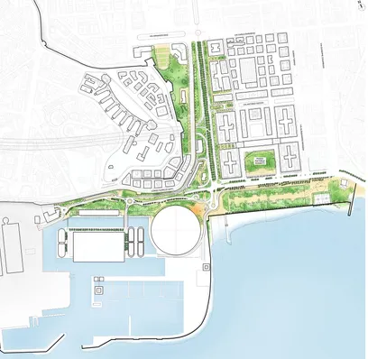 an artist 's impression of a street with palm trees on both sides