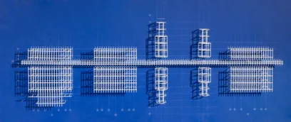 an aerial view of a blueprint of a building on a blue background .