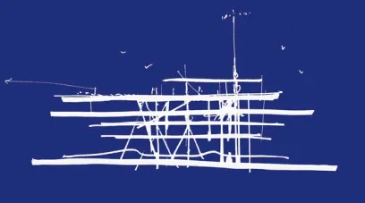 A white drawing of a building on a blue background