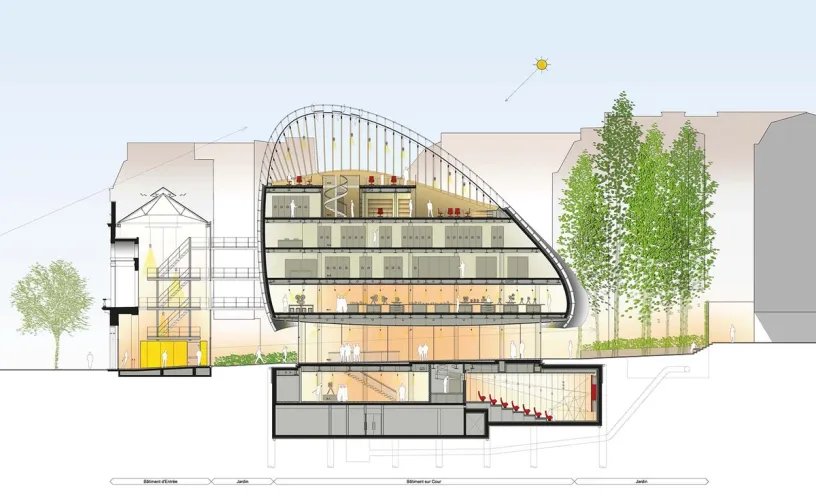 A drawing of a building with a lot of windows and trees in the background