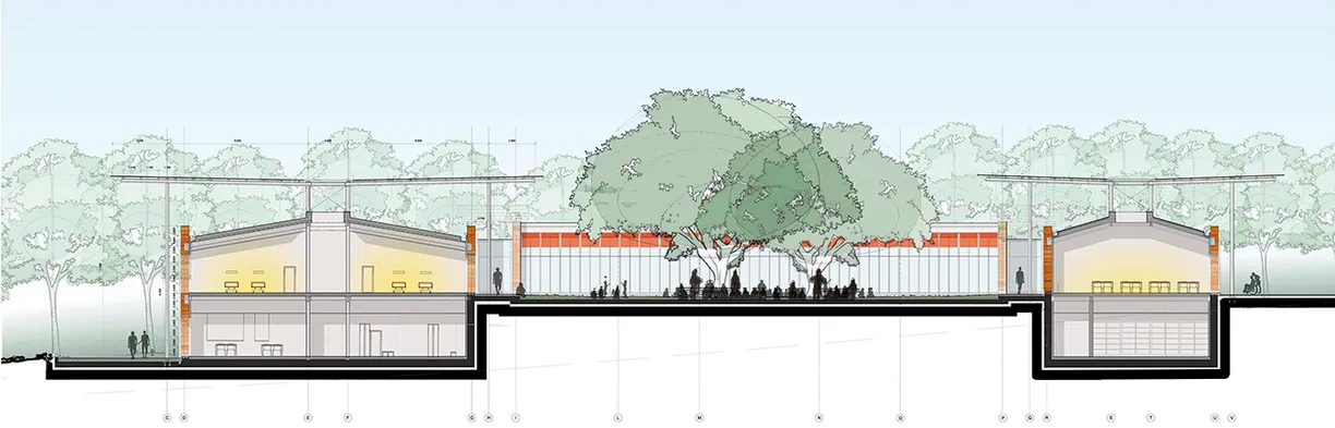 A drawing of a building with a tree in the middle of it