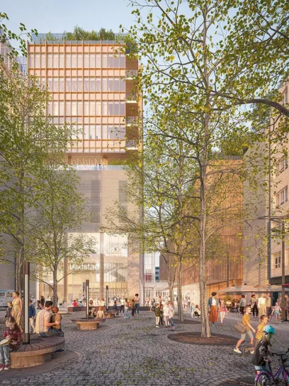 an artist 's impression of a city square with a large building in the background .