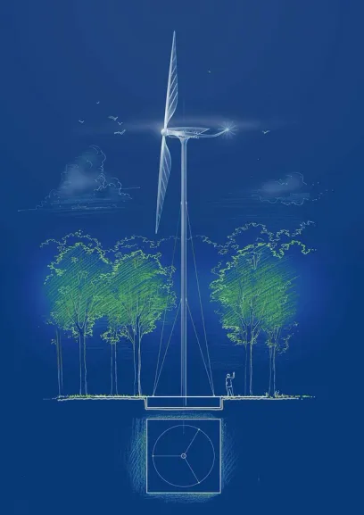 a drawing of a wind turbine with trees in the background
