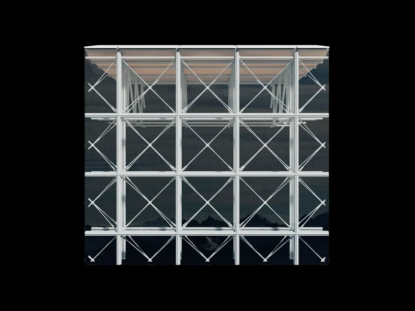 a 3d model of a building with a lot of windows and a black background .