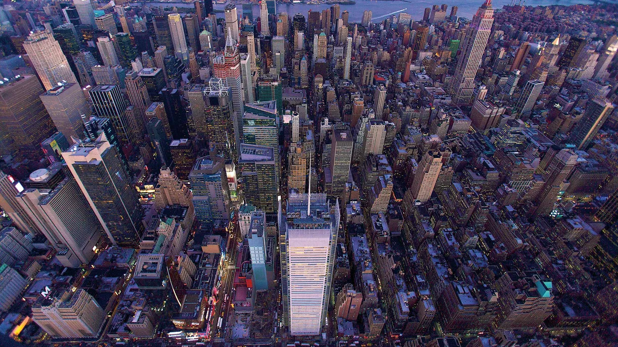 An aerial view of the new york city skyline at night