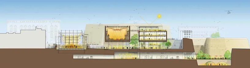 a drawing of a building with a lot of windows and a sun shining through it .