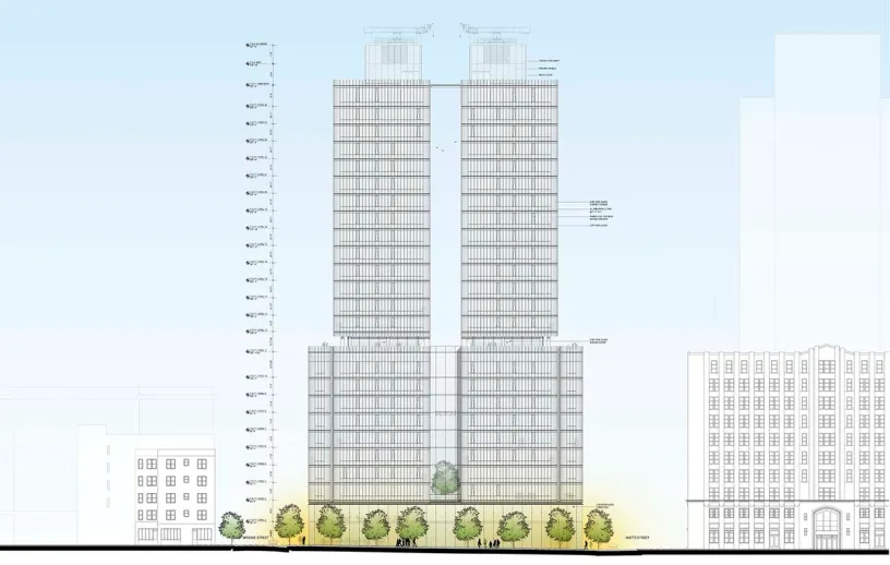 a drawing of a tall building with trees in front of it .