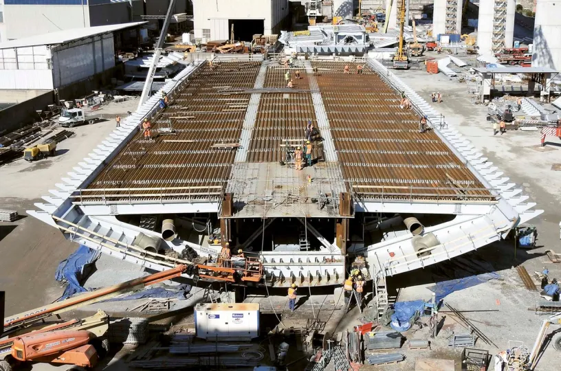 An aerial view of a bridge under construction