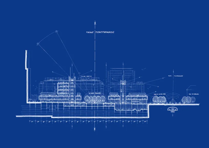 White-on-blue architectural cross-section blueprint of an urban area, featuring buildings, trees, and underground elements, labeled "Maine Montparnasse."