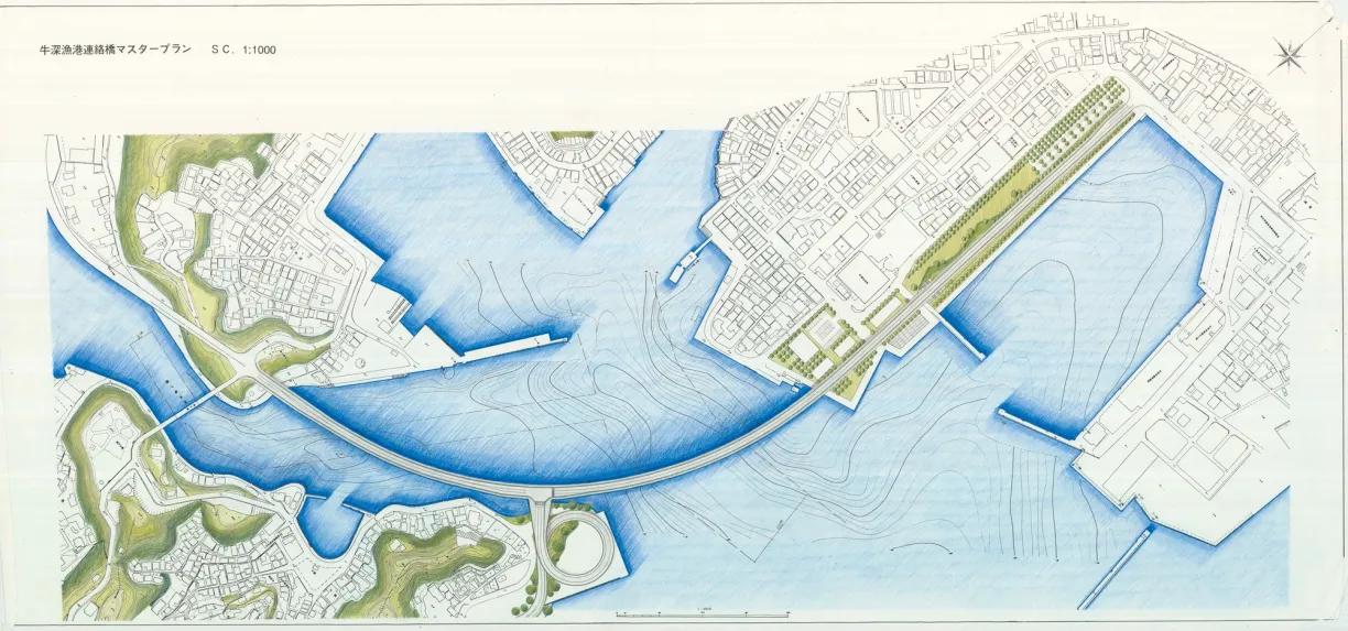A detailed hand-colored master plan of a coastal city, showing a long curved bridge, a large harbor, and extensive green areas.