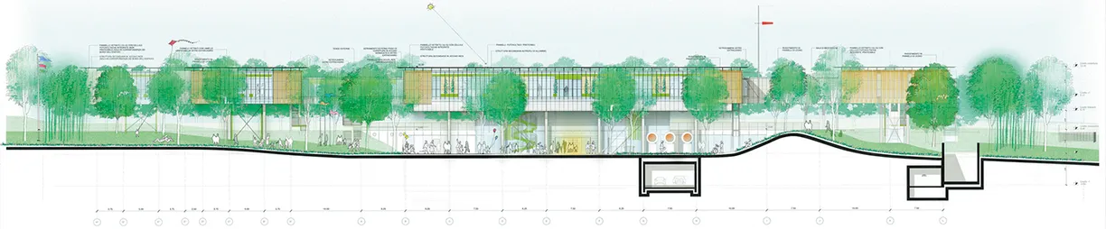 A drawing of a building with trees in the background