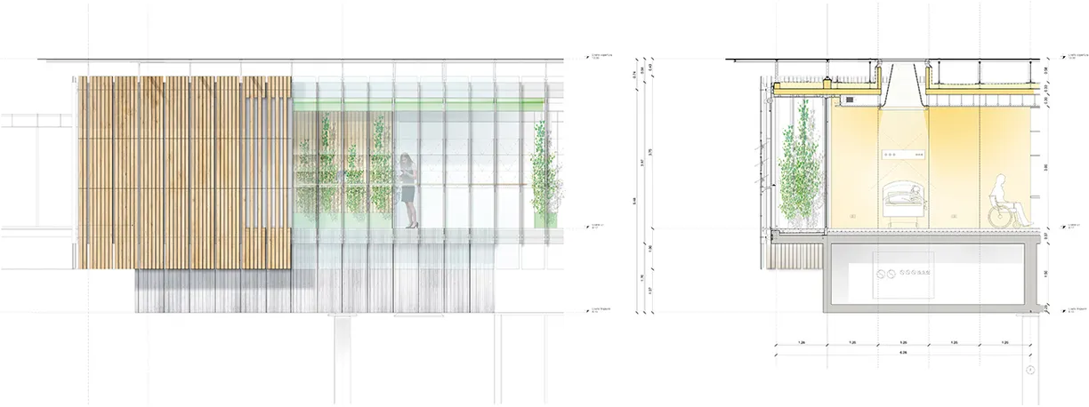 A drawing of a building and a drawing of a section of a building